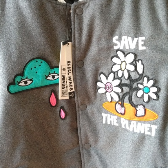 New Mens Save the Planet varsity with appliqués casual moto jacket coat - Picture 14 of 17